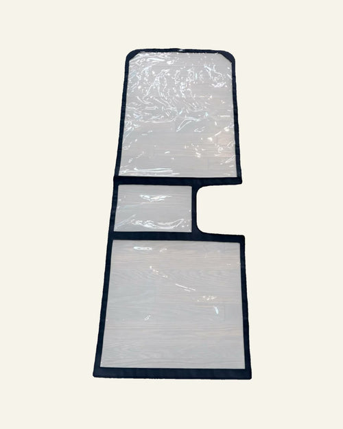 Clear View two-piece clear cover for an RV screen door, laid out with the top and bottom panels